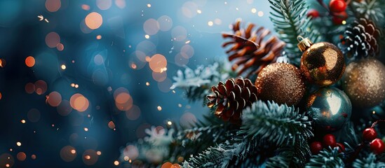Poster - Festive Christmas background featuring a cone and ornaments with copy space image.