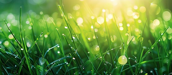 Poster - Close-up image showcasing dew drops on green meadow grass, depicting nature's purity and freshness with ample copy space included.