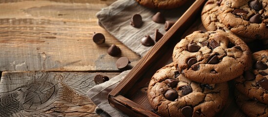 Fototapete - Delicious family snack of brown chocolate cookies on a wooden tray with copy space image.