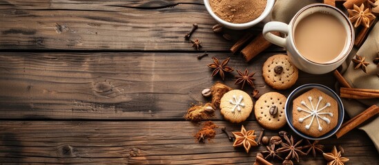 Poster - Top view of a cup of coffee and cookies on a wooden background with spices and decor, in retro style, featuring a blank area for text, ideal as a copy space image.