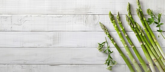 Aufkleber - Scandinavian-inspired top-down view mockup featuring fresh green asparagus on a white wooden table, designed with copy space for a blog or recipe book's visual content.