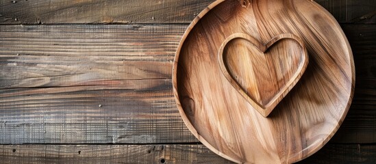 Aufkleber - Top view of a heart-shaped wooden plate on a wooden background with copy space image.