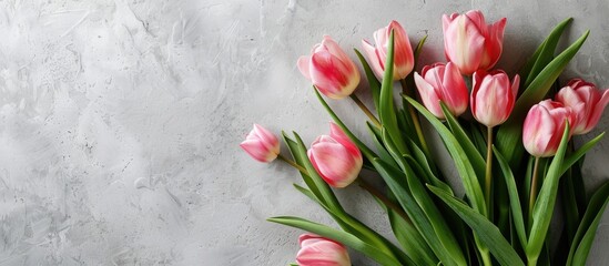 Poster - A spring-themed Mother's Day greeting card featuring a bunch of charming pink tulips on a rustic white table, with room for additional elements in the image.