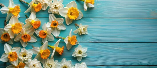 Wall Mural - Top down view of lovely daffodils arranged on a blue wooden surface with room for text in the image. Copy space image. Place for adding text and design