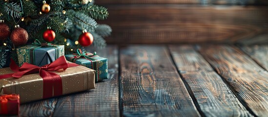 Poster - Festive decorations like a Christmas tree and gifts evoke a holiday atmosphere, ideal for a seasonal copy space image.