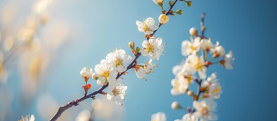 Poster - Plum tree blossoms against a backdrop of a clear blue sky with copy space image.