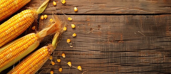 Aufkleber - Top-down view of two-toned corn on a wooden backdrop with ample copy space image.