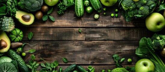 Poster - Green fruits and vegetables beautifully arranged on a wooden backdrop, creating a visually appealing copy space image.