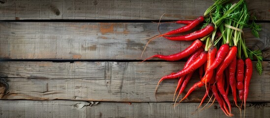 Poster - Top view of red carrots on an aged wooden surface with room for text or other elements in the image. Copy space image. Place for adding text and design