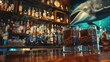 © Xabi - stylish bar interior accented by two thick bottom glasses filled with vodka and ice on a rustic wooden bar counter. The bar is lined with various liquor bottles on shelves