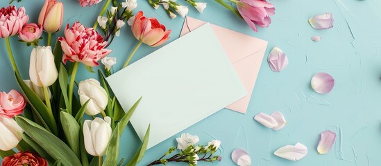 Fototapete - Spring-themed greeting card mockup featuring a flower arrangement, envelope, and copy space image for text.
