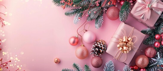 Aufkleber - Colorful gift box and decorations displayed with a charming object on a pastel backdrop, perfect for Christmas and New Year celebrations, with copy space image.