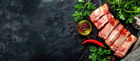 Poster - Top view of raw pork belly, chili pepper, peppercorns, oil, and parsley on a black wooden table with a copy space image.