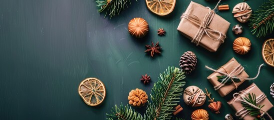 Poster - Festive Christmas mockup featuring dry fruits, craft paper, gift box, and handmade Christmas toys alongside copy space image.