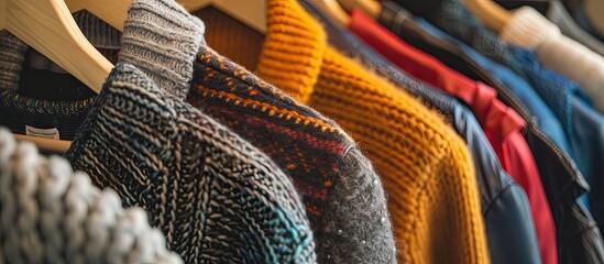 Poster - Close-up image of clothes on hangers in wardrobe with copy space image.