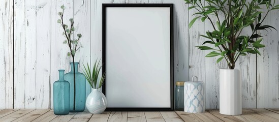 Poster - Portrait-oriented empty black frame mockup and vases positioned next to a wooden textured white wall displaying copy space image.