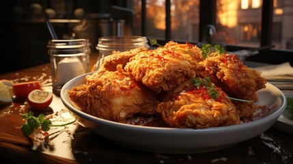 Wall Mural - Delicious fried chicken with sweet and sour sauce on a wooden table with a blurred background