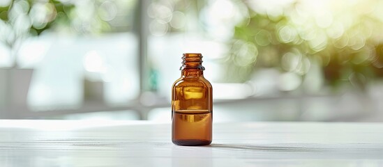 Aufkleber - Medical drops bottle on a white wooden surface with a blurred background providing ample copy space image.