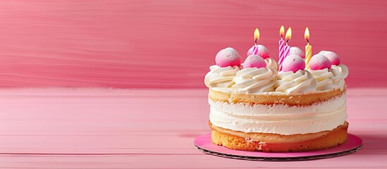 Poster - Cake with creamy topping and candles placed on a pink wooden surface, offering room for text beside it. Copy space image.