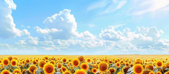 Poster - Vibrant sunflowers in full bloom in a vast field under a bright blue sky with fluffy white clouds, creating a picturesque scene with copy space image.
