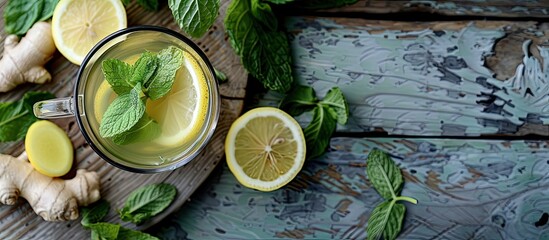 Canvas Print - Top-down view of a hot drink combining mint, ginger, and lemon, set on a wooden surface, offering a spacious area for additional content in the image.