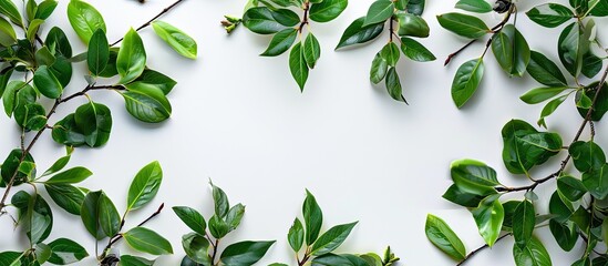 Leinwandbilder - Top view of green magnolia leaves, twigs, and plants against a white backdrop, with copy space image for a flat lay composition.