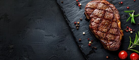 Poster - Top view of a grilled beef steak on a black stone table with enough space for additional content in the image.