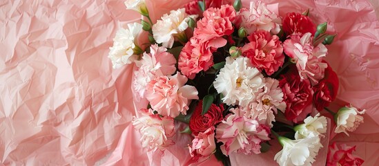 Poster - Directly above, a mix of rose and carnation blooms are displayed along with a pink sheet of paper for messages, offering a pleasing copy space image.