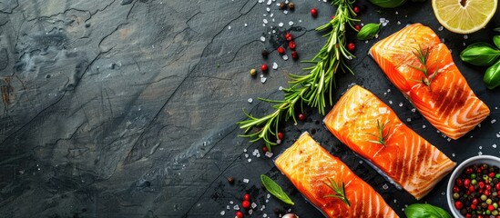 Ingredients for cooking and seasoning salmon, presented on a table with a copy space image.