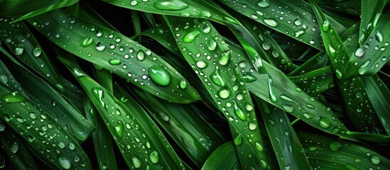 Poster - Close-up image of an exotic plant leaf with water drops, featuring a beautiful green grass texture with water droplets and copy space image.
