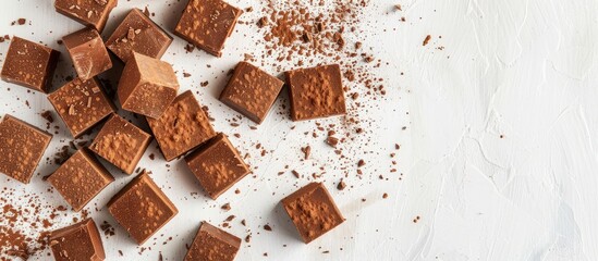 Sticker - Cubes of cocoa wafers on white backdrop with room for text, chocolate wafers, and crumbs. Copy space image. Place for adding text and design