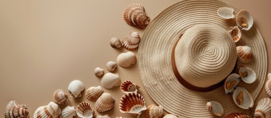 Aufkleber - Sun hat for women decorated with seashells on a beige backdrop, ideal for a vacation vibe with a stylish look, perfect for a summer-themed copy space image.