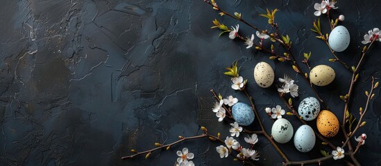 Poster - Easter eggs nestle among blossoming branches against a dark backdrop with room for text or a picture. Copy space image. Place for adding text and design