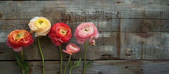 Poster - On a wooden backdrop, lovely ranunculus flowers accompany a copy space image.