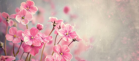 Poster - A collage featuring pink forget-me-nots against a vintage background, creating a soft and pastel card with copy space image.