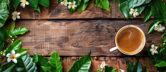 Aufkleber - Coffee mug surrounded by green leaves and flowers on a rustic wooden backdrop, perfect for a cover or card design with ample copy space image.