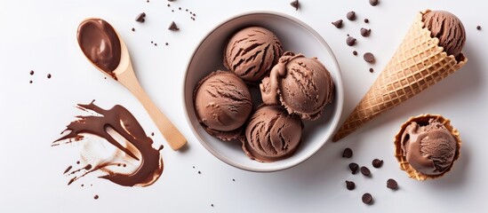 Poster - Chocolate ice cream in paper bowls with waffle cones and wooden spoons on a white background, presenting a clean and appealing copy space image.