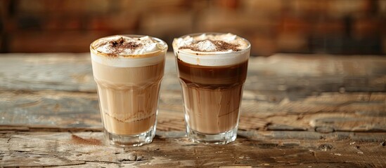 Leinwandbilder - Cold cappuccino and mocha served in glass cups on a rustic wooden table, with a blank space available for text or other imagery, known as a copy space image.