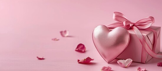 Poster - Rose pink heart and gift box on pink background with copy space image.