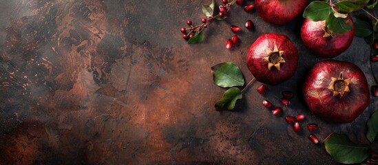 Wall Mural - Top view of churchkhelas and pomegranate on a textured table with copy space image available.