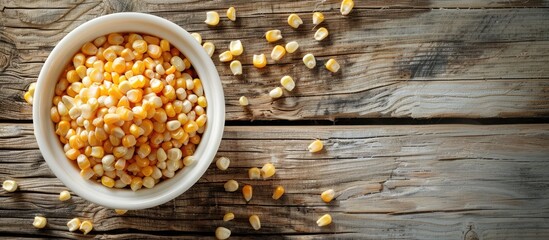 Poster - A white bowl filled with sweet corn grains set on a wooden surface, perfect for food-themed copy space image.