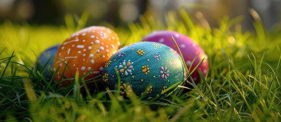 Fototapete - Easter eggs are colorful, decorated eggs symbolizing Easter. Copy space image. Place for adding text and design