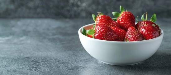 Poster - A fresh strawberry displayed in a white bowl on a table with copy space image.