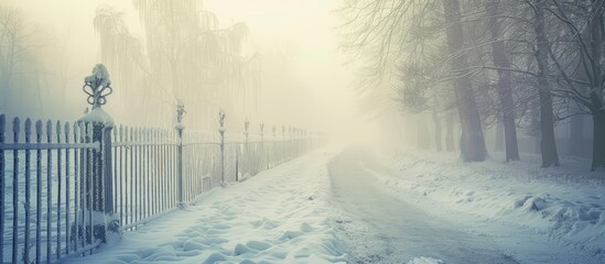 Poster - Winter street with a vintage fence covered in frost in a haze, ideal for copy space image.