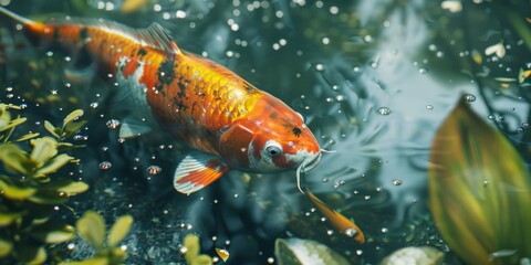 Wall Mural - A gold and black koi fish swimming in a pond. The water is clear and calm. The fish is surrounded by green plants and leaves
