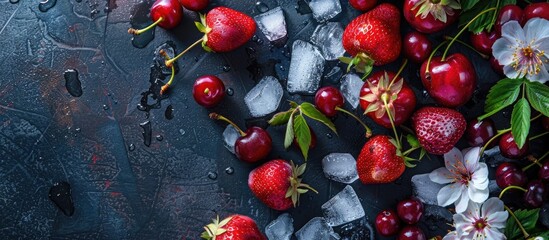 Poster - Top view of ripe summer strawberries and cherries on a dark background, adorned with flowers, ice, and featuring copy space image.