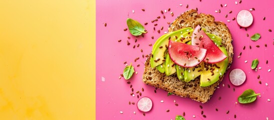 Poster - Top view of colorful toast with watermelon radish, avocado, and flax seeds on a vibrant background, in a modern flat lay design perfect for healthy eating promotion with copy space image.