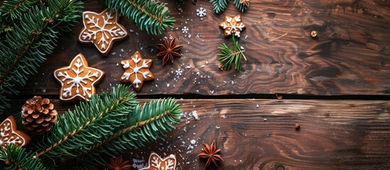 Aufkleber - Top-down view of a Christmas card showcasing gingerbread cookies and a decorated fir tree, ideal for adding text or other elements to the image. Copy space image. Place for adding text and design