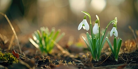 Poster - A close up of three white flowers with green stems. The flowers are in a field of brown dirt