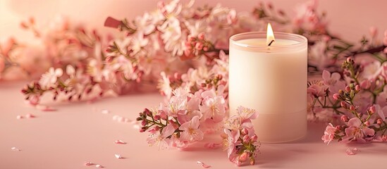 Aufkleber - A candle surrounded by flowers on a pink backdrop, perfect for a copy space image.